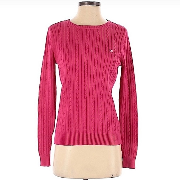 𝅺IZOD Barbie Pink Cotton Cable Knit Sweater Size Small - Picture 1 of 3